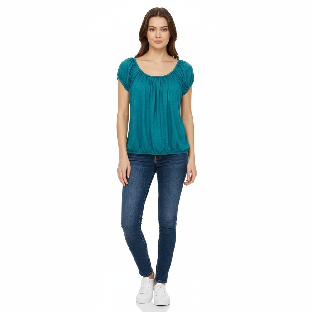 NEW Porridge Anthropologie Teal Blue Puff Sleeve Short Sleeve Blouse Top Size XS